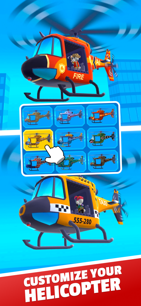 Menú de personalización de helicópteros que muestra varios aspectos como temas de taxi y policía en Helicopter Escape 3D
