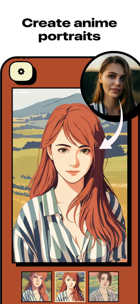 Artify:Cartoon art filter - A screenshot demonstrating the transformation of a real photo into a colorful anime portrait using Artify AI