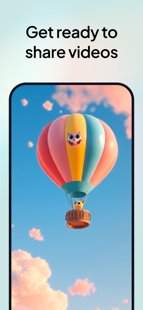 Hypernatural: AI Video Stories - A colorful hot air balloon with a cartoon cat face on a mobile app screen with text saying Get ready to share videos