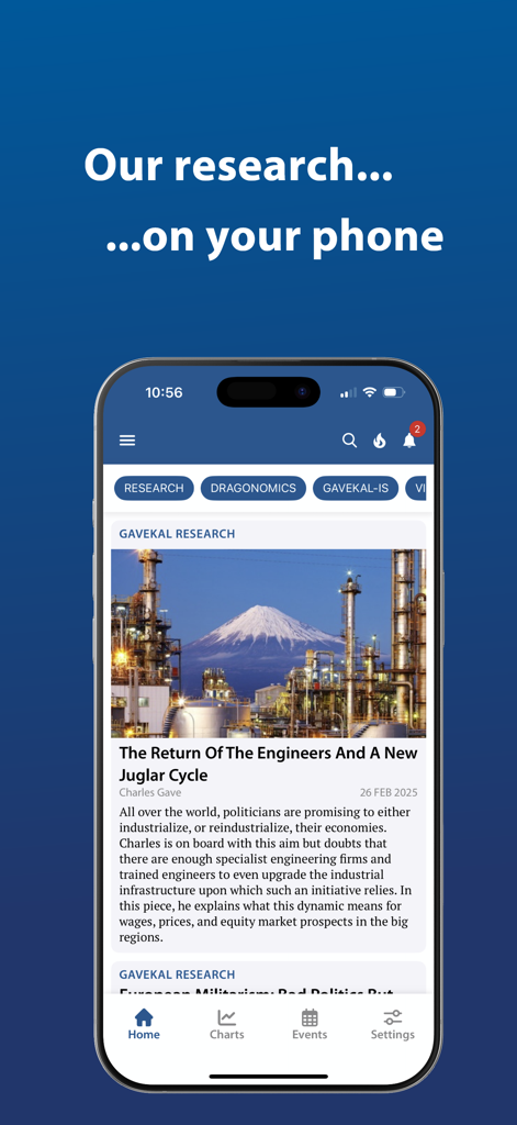 Gavekal - Gavekal mobile app displaying a macroeconomic research article on a smartphone screen.