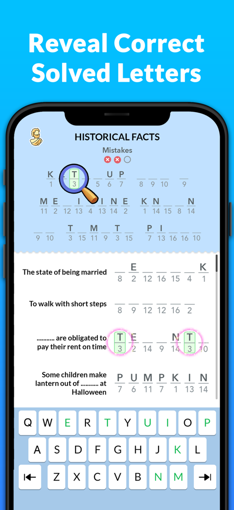 Figure it - Cryptogram Games - Captura de tela do jogo de palavras Figure it mostrando um quebra-cabeça de fatos históricos com letras resolvidas e pistas.
