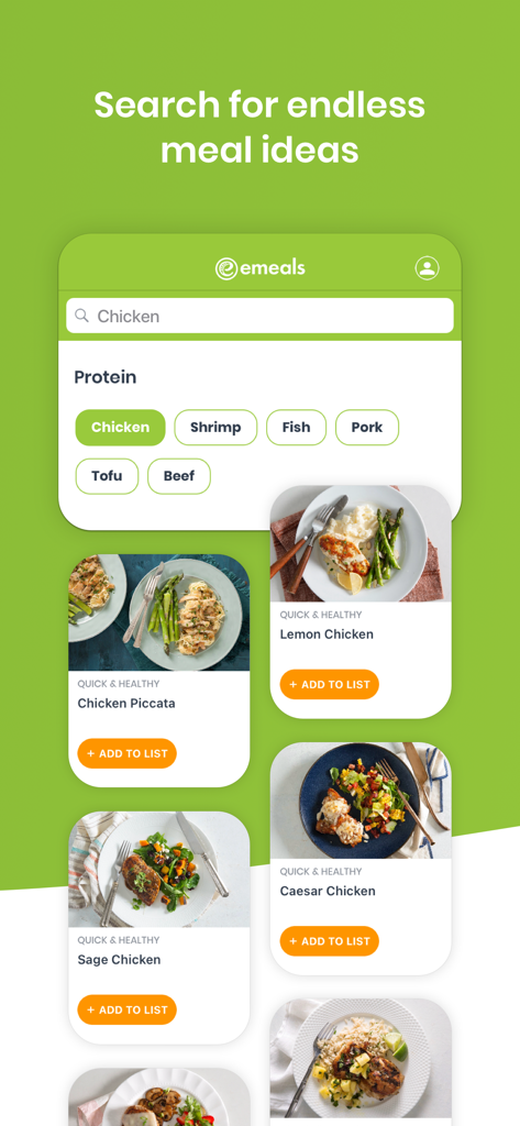 eMeals - Healthy Meal Plans - Interface do aplicativo eMeals mostrando uma pesquisa por receitas de frango com várias opções de refeições saudáveis e botões Adicionar à Lista.