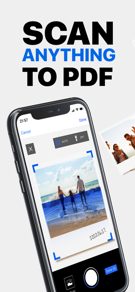 Smartphone screen showing the Mobile Scanner App scanning a physical photo with automatic border detection