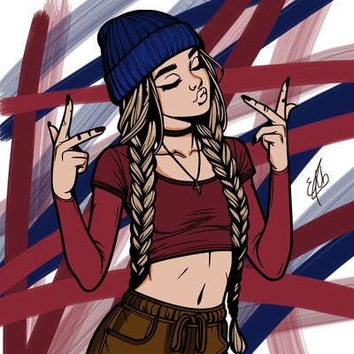 realistic teenage girl with braids and a beanie and crop top doing 🫶🏼