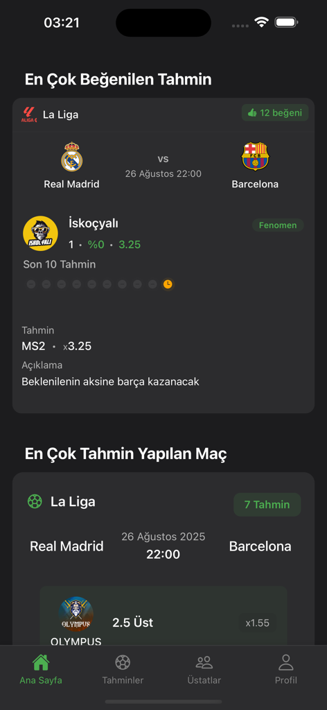 Futbol Üstatları - Tahmin - Interfaz de la aplicación móvil de Futbol Ustatlari mostrando predicciones de apuestas de fútbol para Real Madrid vs Barcelona de los principales influencers