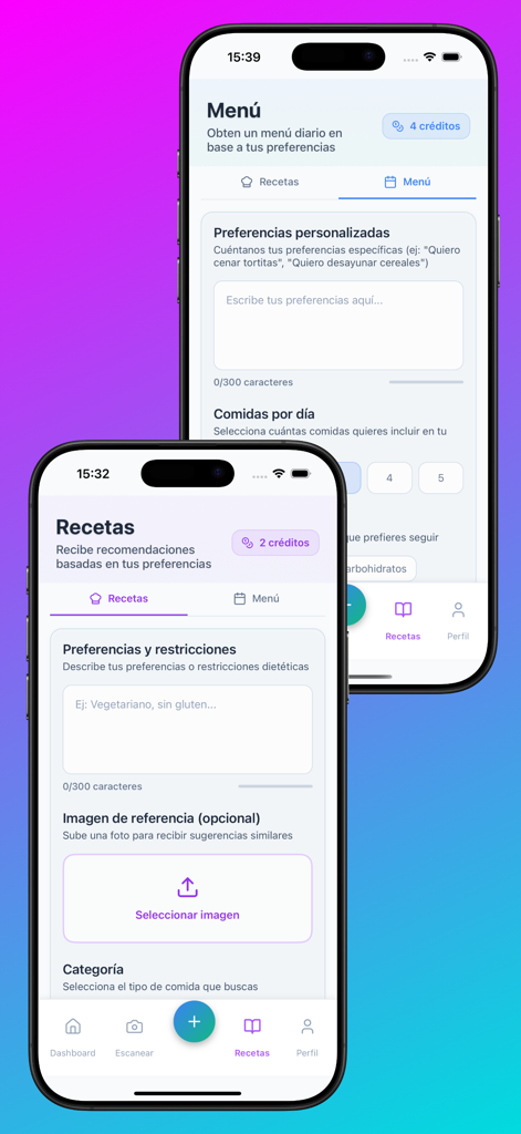 ScanCal - Screenshots of the ScanCal app showing the personalized menu and recipe selection screens