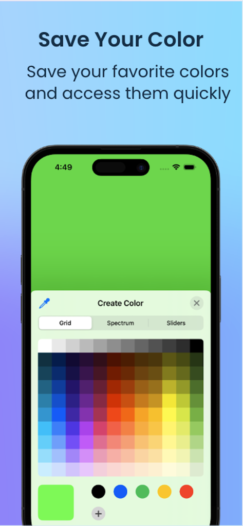 Oberfläche der Portable Softbox-App, die die Funktion 'Ihre Farbe speichern' mit einem Farbraster und einem Auswahlwerkzeug zeigt.