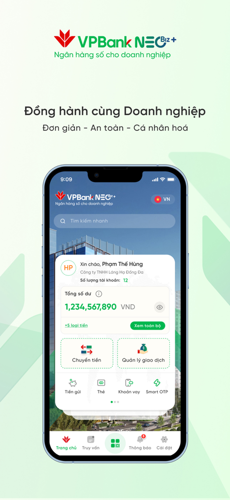 VPBank NEOBiz Plus - VPBank NEOBiz Plus business banking app dashboard displaying account balance and transaction options