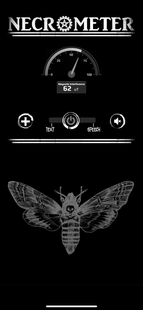 Necrometer - Necrometer app interface displaying a magnetic interference meter and a deaths head hawkmoth illustration