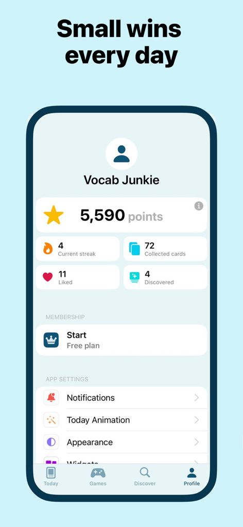 Profile screen of the Word of the Day app showing user statistics including points and daily learning streak