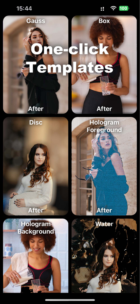 Blurr: Motion Blur Effect Pro - Raster von Ein-Klick-Vorlagen in der Blurr-App, einschließlich Gauss-Scheibe und Hologramm-Effekten