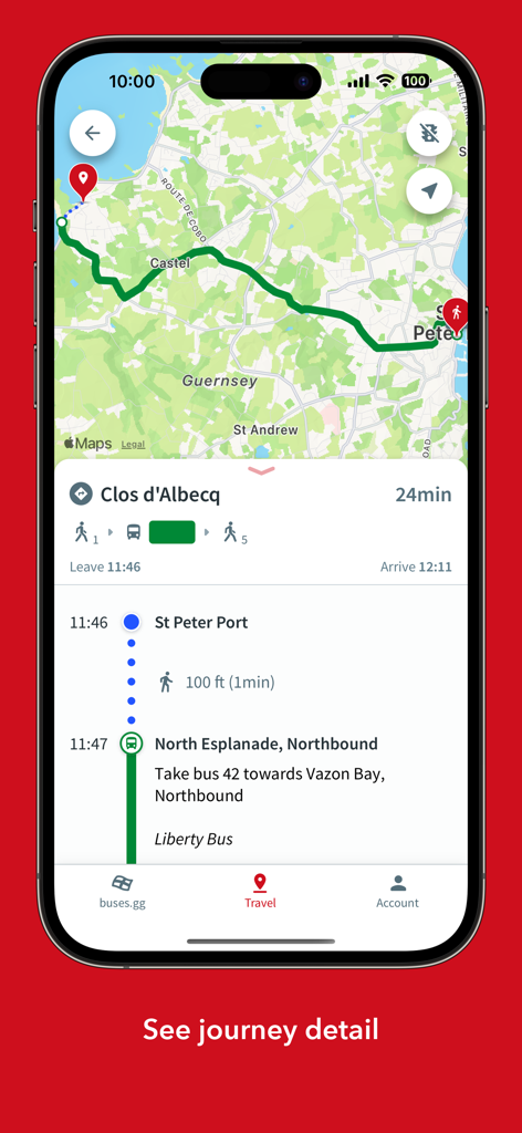 Buses gg - A screenshot of the Buses.gg app showing a bus journey map and details in Guernsey