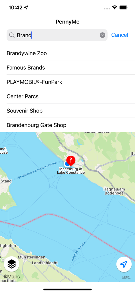 PennyLocator - PennyMe app interface with search results for locations and a map view