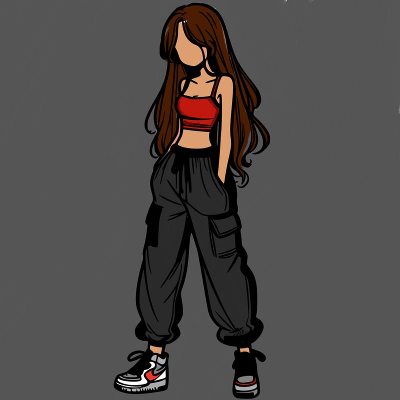 girl in baggy pants crop top and long hair