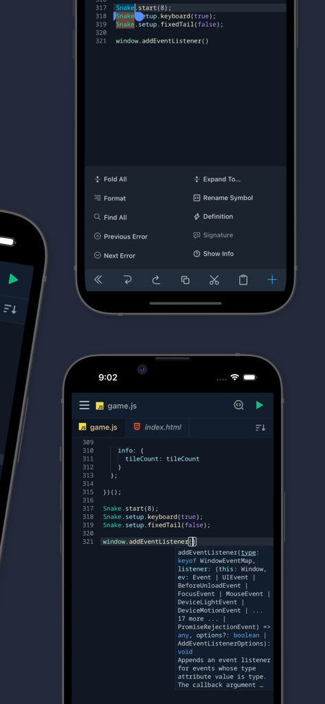 Spck Editor Lite - Spck Editor Lite mobile app showing JavaScript code with syntax highlighting and autocompletion