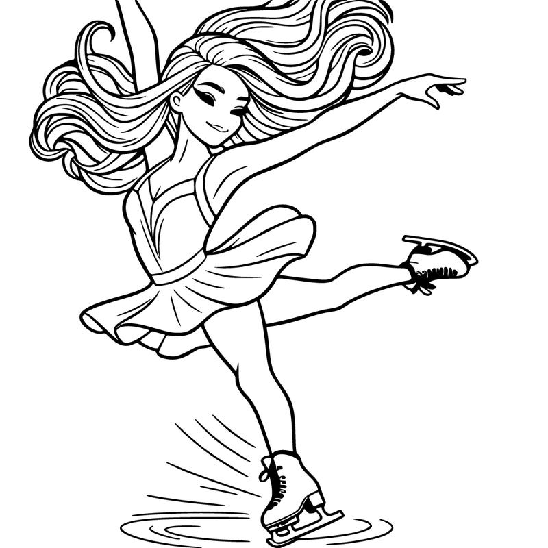 a realistic figure skater with long hair performing a spinning jump in a short, flowing dress