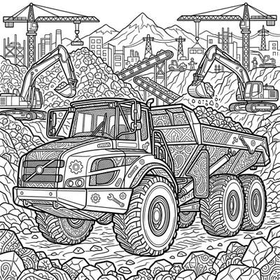 Dive into the exciting world of heavy machinery with this detailed articulated hauler coloring page. Designed for teens, it features intricate patterns and a bustling construction site background for hours of creative fun.