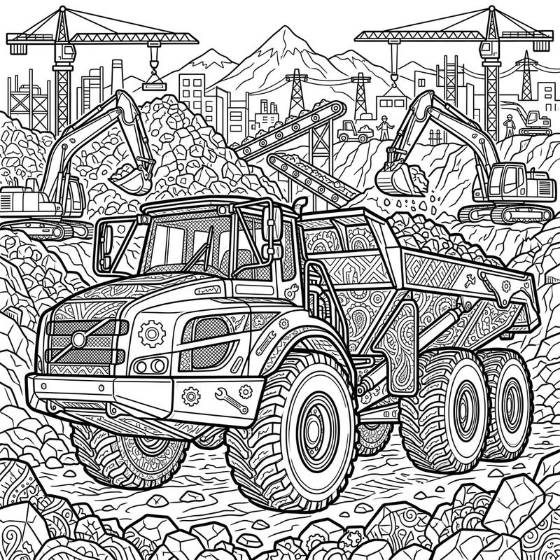 Dive into the exciting world of heavy machinery with this detailed articulated hauler coloring page. Designed for teens, it features intricate patterns and a bustling construction site background for hours of creative fun.