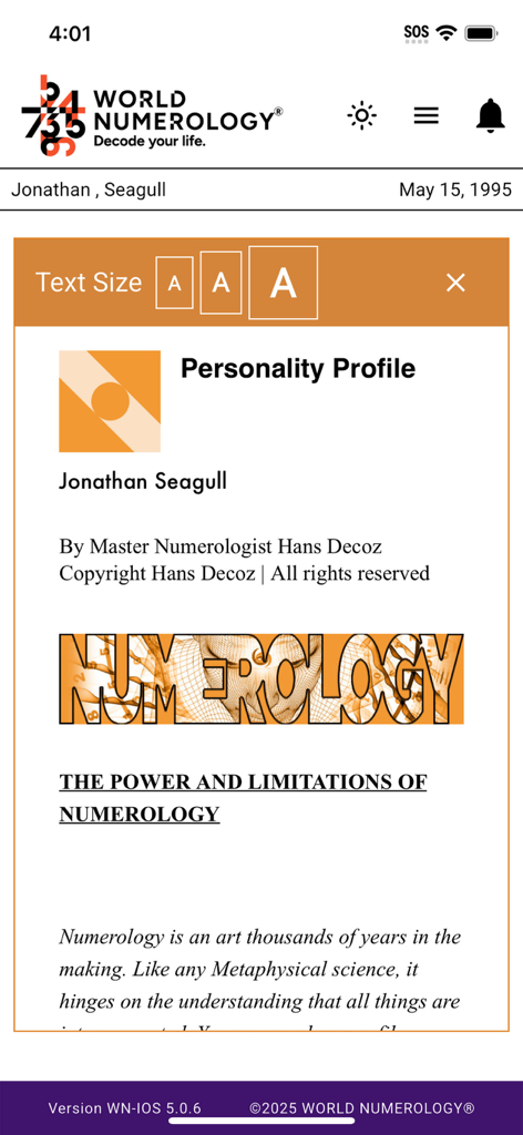 World Numerology Collection II - World Numerology Collection II app displaying a personality profile report for Jonathan Seagull