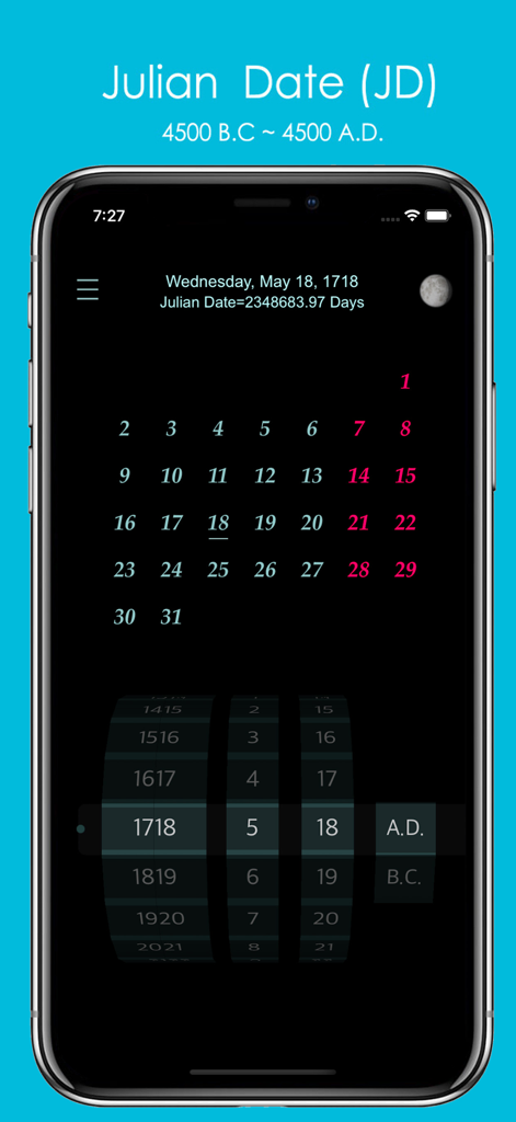 A mobile app screen displaying a calendar for May 1718 and its corresponding Julian Date.