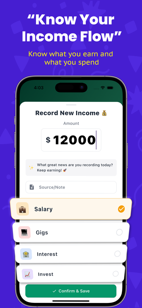 ListExpenser: Expense Tracker - Interface for recording new income with categorized sources like salary and gigs