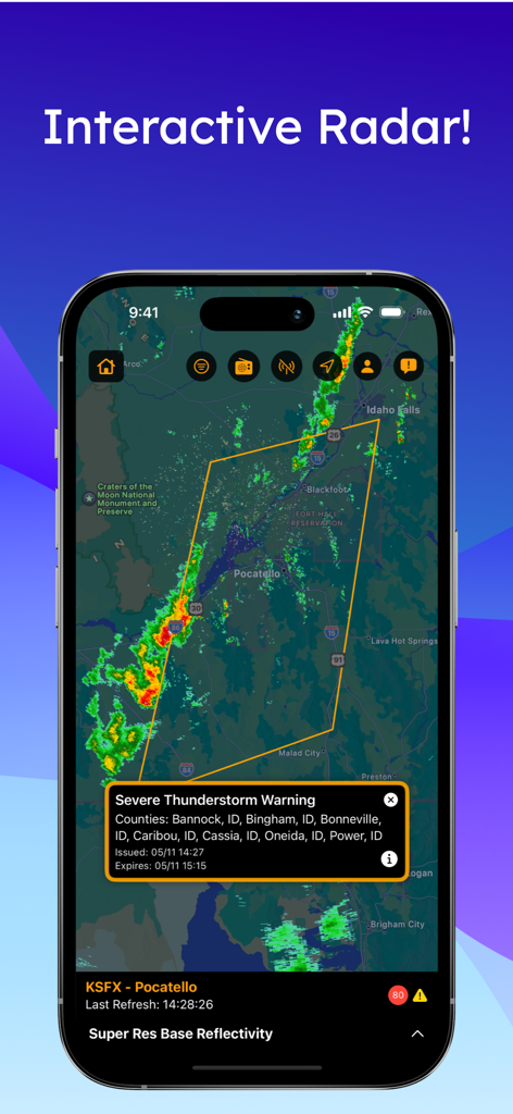 AlerWX - Radar meteorológico interactivo de AlerWX que muestra una alerta de advertencia de tormenta severa