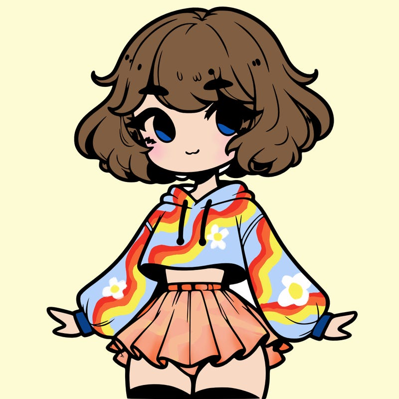 cute femboy with short, fluffy hair that softly frames their face, wearing a cropped hoodie, paired with a flouncy short skirt, and thigh-high stockings