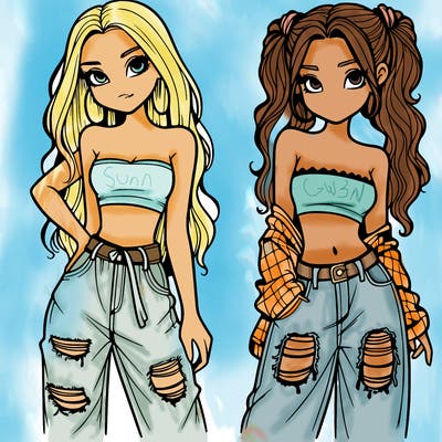2 girls in crop tops and baggy jeans ripped