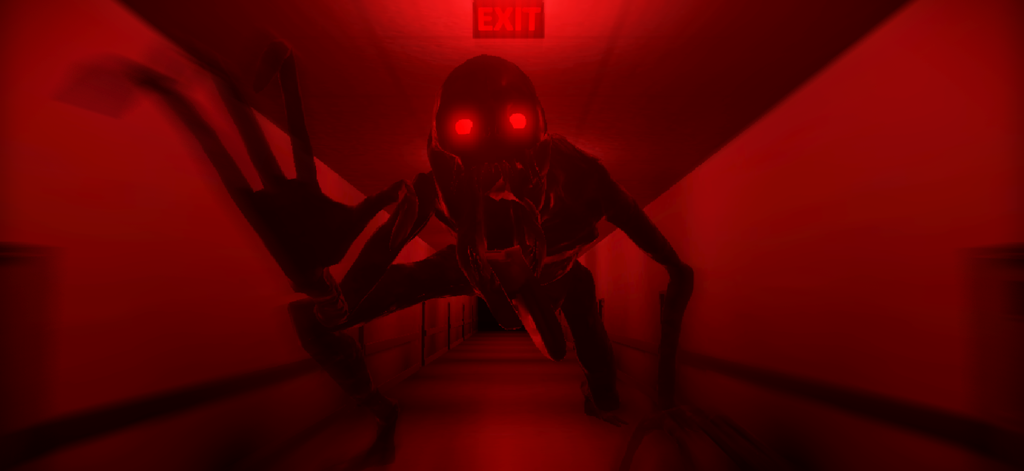 Backrooms: Outrun To Survive! - Monstruo aterrador con ojos rojos brillantes persiguiendo a un jugador en un oscuro pasillo rojo