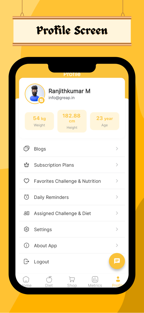 Mr Coach - Tela de perfil do aplicativo Mr Coach Fitness exibindo métricas do usuário como peso, altura e idade com um menu de navegação para configurações e planos.
