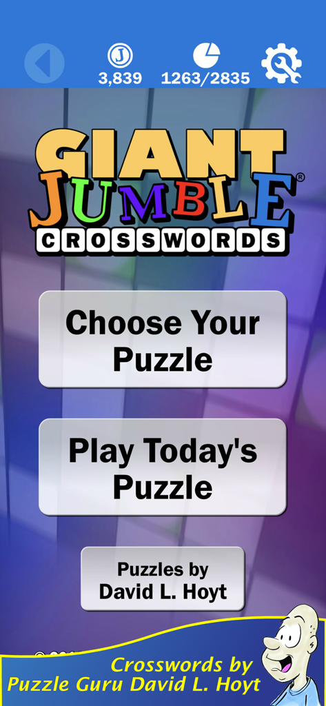 Giant Jumble Crosswords - Main menu screen of the Giant Jumble Crosswords app by David L. Hoyt.