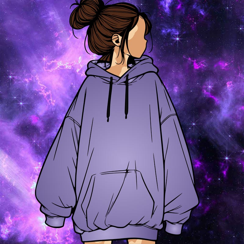 realistic girl with a oversized sweatshirt on and a bun