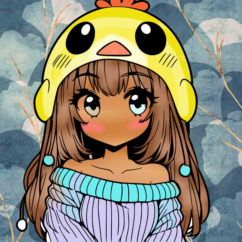 anime girl with chick shaped hat with sweater with bare shoulders with bangs covering them one eye with low tail