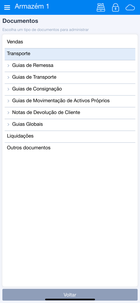 Interface da app móvel Moloni Sales mostrando um menu para documentos de transporte de vendas e liquidação