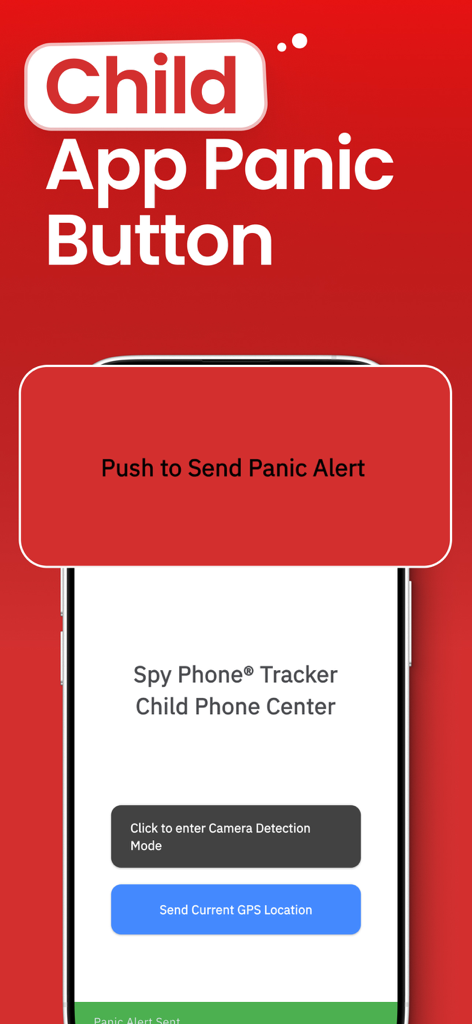 Spy Phone ® Phone Tracker - Interfaccia dell'app Spy Phone Tracker che mostra un grande pulsante rosso di allarme anti-panico e funzionalità di sicurezza per bambini