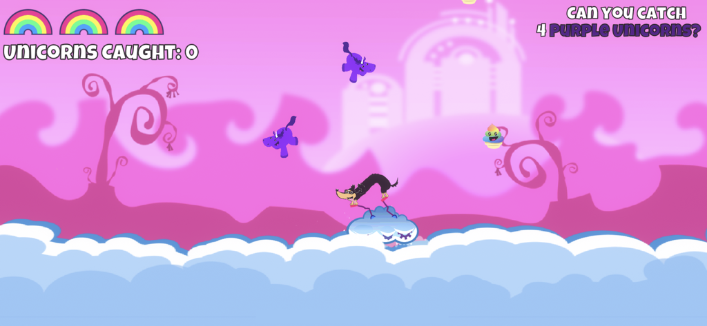 Gameplay of Unicorn Catch showing a character on a magic cloud trying to catch purple unicorns in a pink fantasy world.
