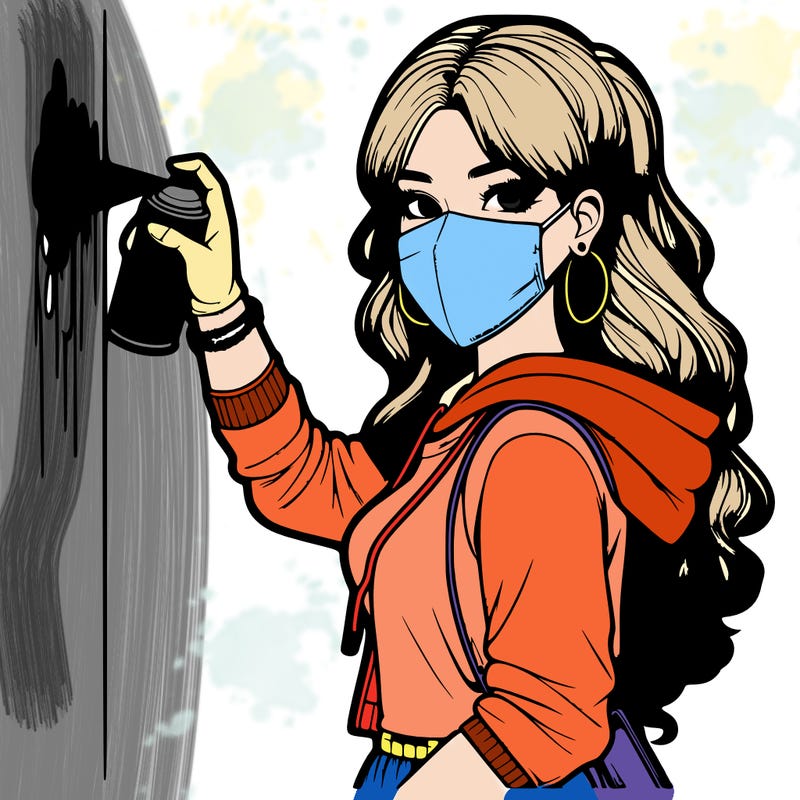 realistic girl with mask spray painting a wall