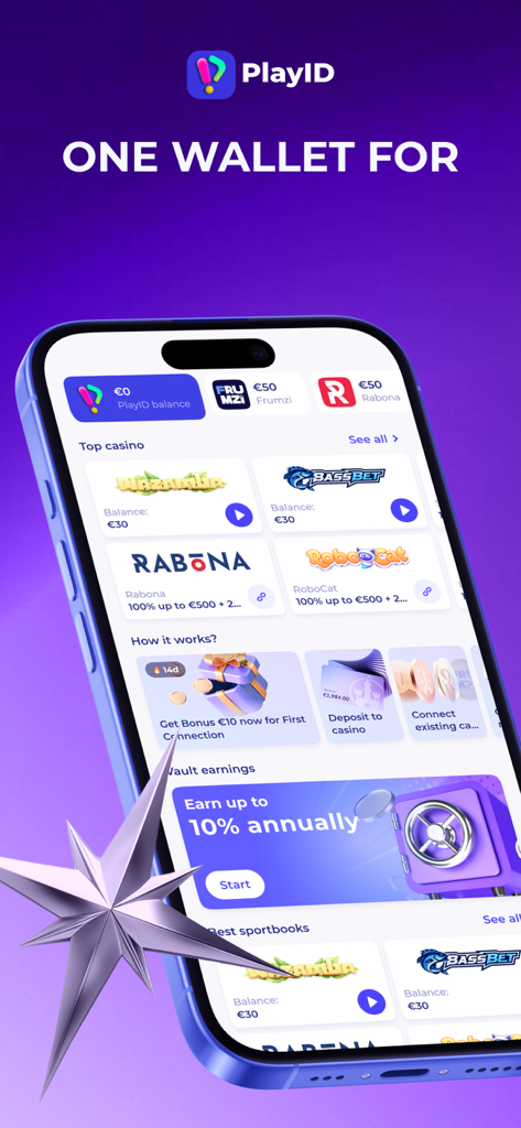 PlayID app - Interfaccia dell'app PlayID che mostra i saldi del portafoglio digitale per varie piattaforme di giochi e casinò online