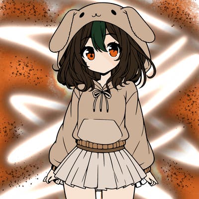 pretty anime girl wearing a fluffy hoodie with bunny ears on the hood and a skirt