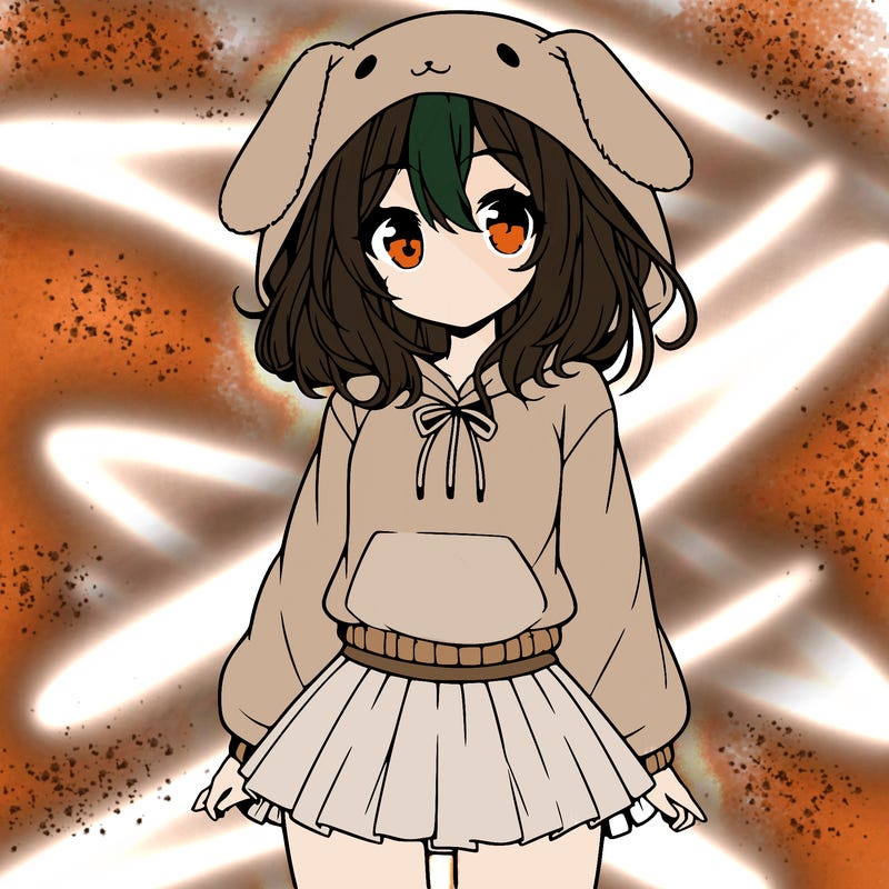 pretty anime girl wearing a fluffy hoodie with bunny ears on the hood and a skirt