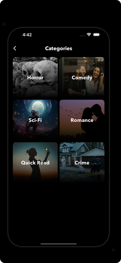 Texting Story - Chat Story - A menu showing various chat story categories like Horror, Comedy, Sci-Fi, Romance, Quick Read, and Crime.