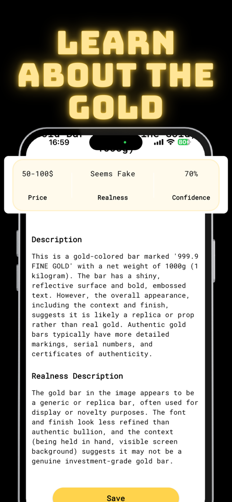 Gold Detector app interface displaying gold authenticity and price evaluation results