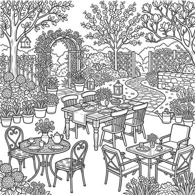 Step into a serene spring garden with this delightful coloring page featuring various dining room sets. Perfect for imagining an outdoor feast amidst blooming flowers and lush greenery.