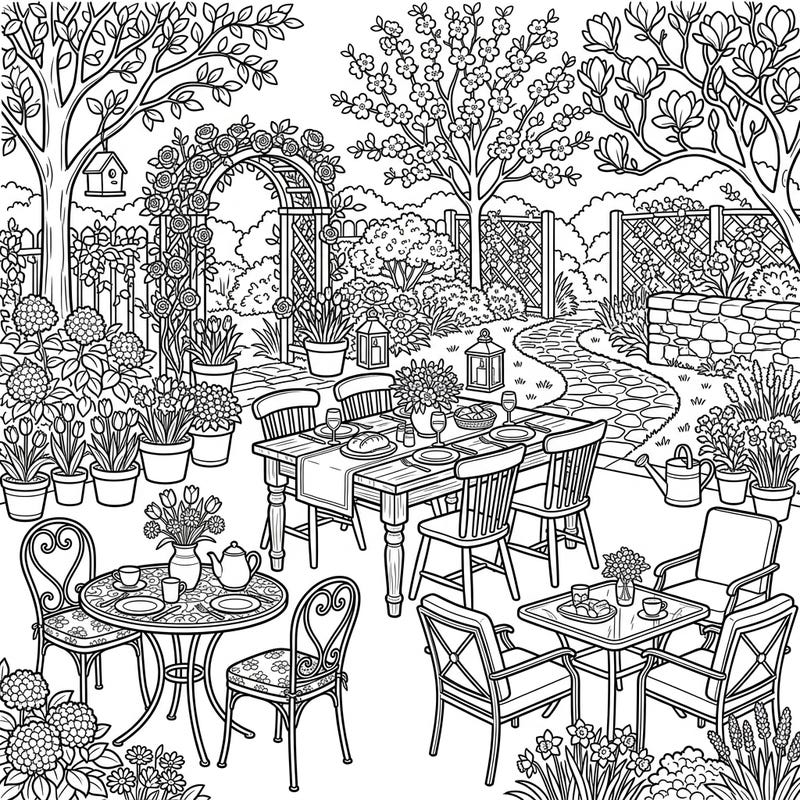 Step into a serene spring garden with this delightful coloring page featuring various dining room sets. Perfect for imagining an outdoor feast amidst blooming flowers and lush greenery.