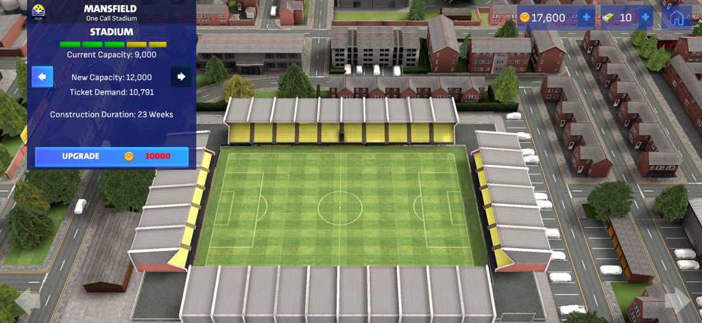 First Team Manager Season 2026 - Stadium upgrade interface in First Team Manager Season 2026 showing capacity and construction time