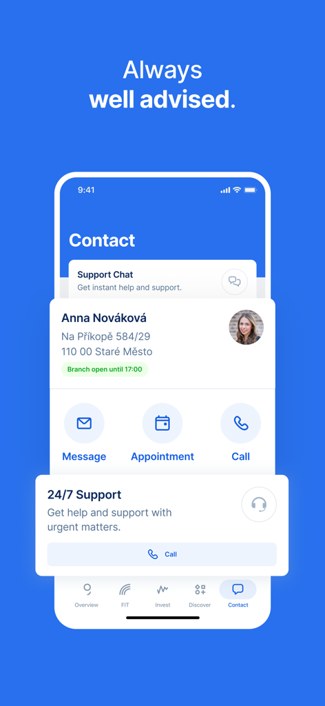 George Česko - Contact screen of George Cesko app showing customer support and personal advisor options