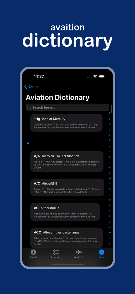 A320 Checklist Pro Assistant aviation dictionary screen with technical flight terms