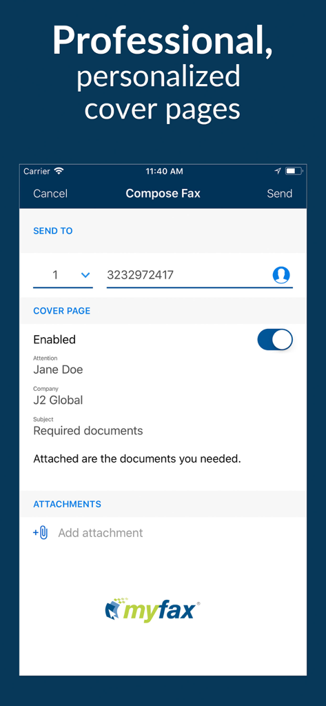 MyFax App–Receive & Send Fax - MyFax app interface for composing a fax with a personalized cover page