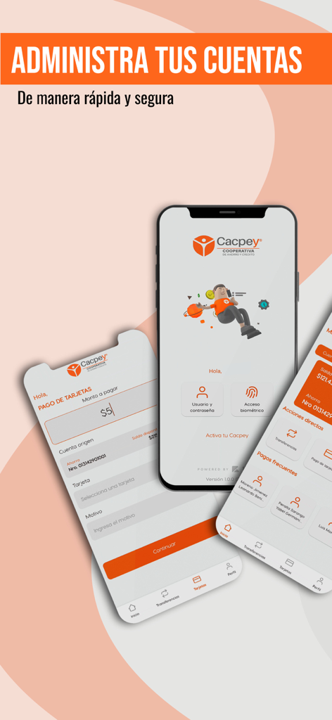 Cacpey Virtual - Cacpey Virtual mobile app screens showing account management and payment features