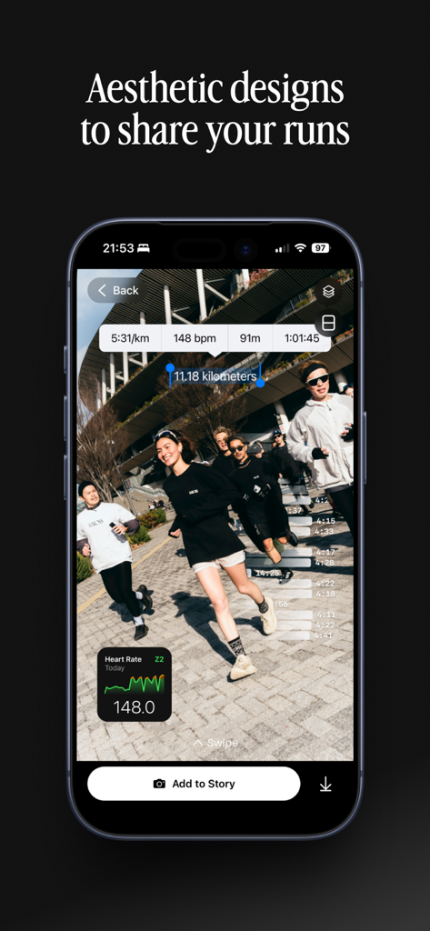 Relay: Share your runs - Overlay estético de estatísticas de corrida em uma foto de grupo no aplicativo Relay
